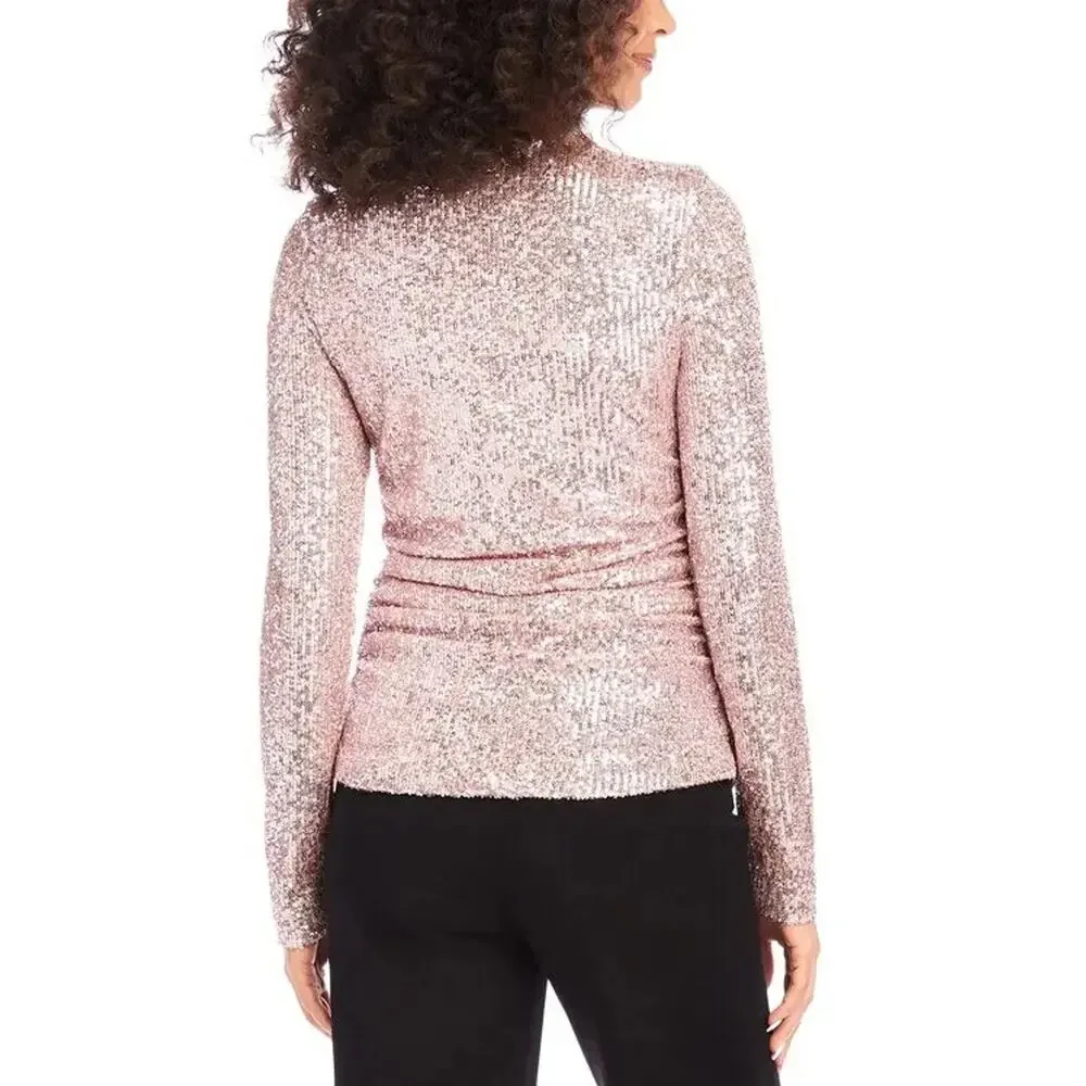Karen Kane Women Pink Sequin Fitted Side Shirred Long Sleeve Holiday Top Size L_3